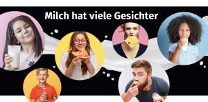 Messewand mit Gesichtern und Milchprodukten: Milch hat viele Gesichter