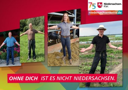 Vier Landwirte stehen auf ihren Höfen und freuen sich in Niiedersachsen zu leben