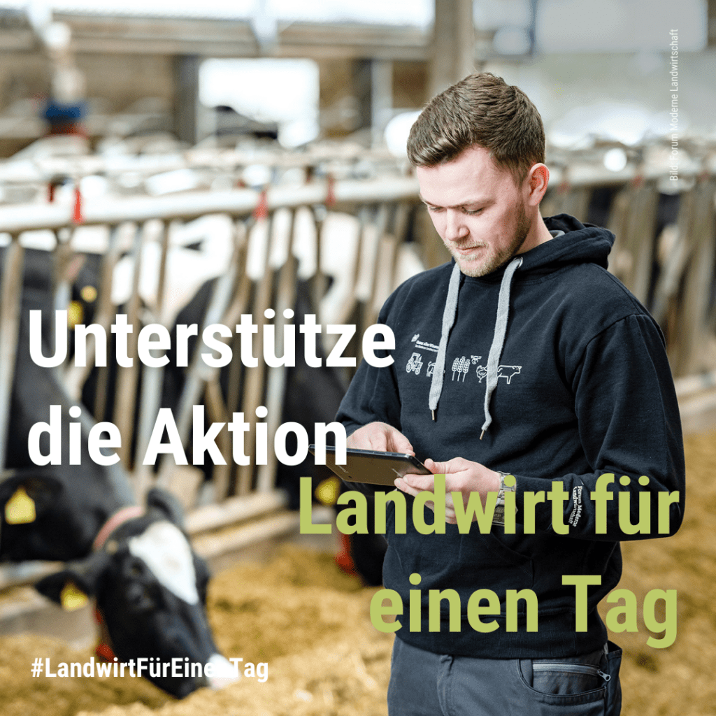 Landwirt mit Handy im Kuhstall im Hintergrund, davor Text zum Aktionstag