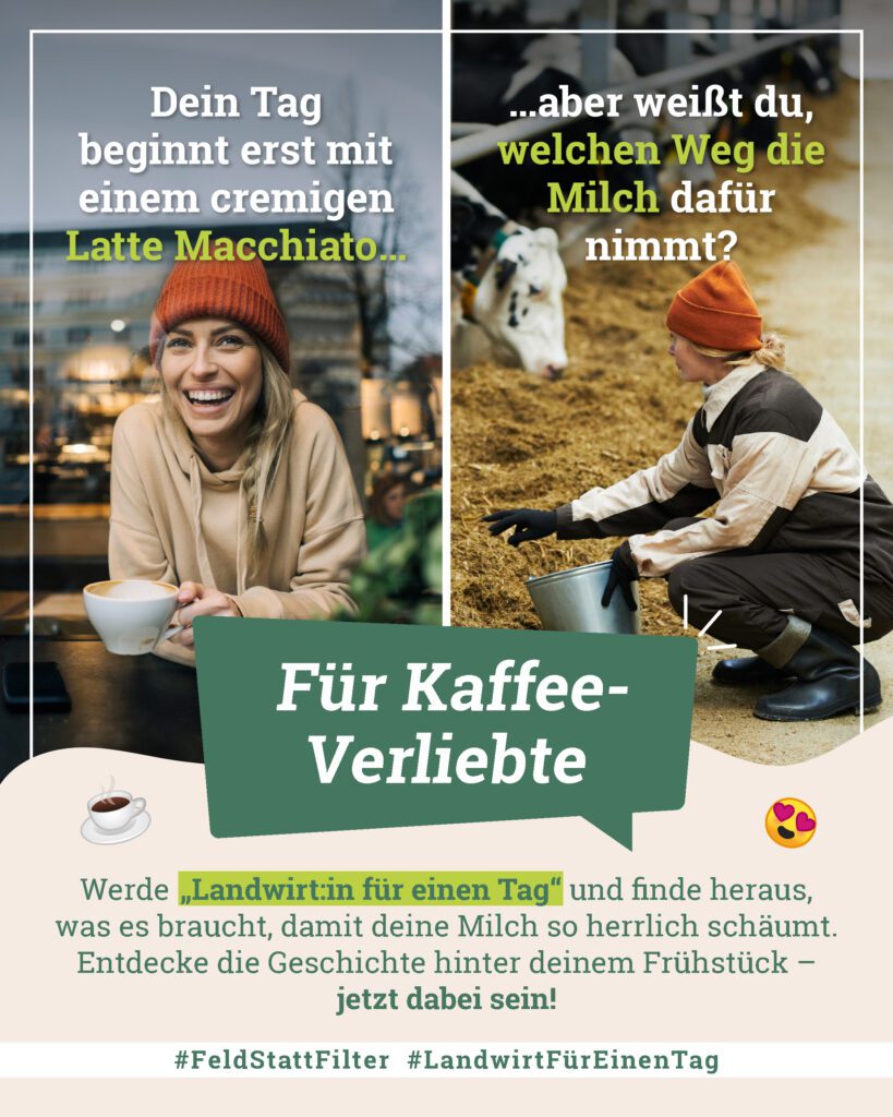 Landwirtin mit Tasse Milch in der Hand bzw. im Kuhstall_Beispielbild für Aktionstag