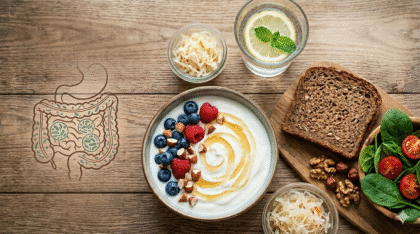Vielfältige Lebensmittel für eine darmgesunde Ernährung auf einem Holztisch, KI-Illustration.