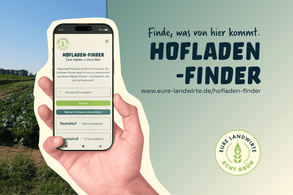 Smartphone mit Link zum Hofladenfinder von Echt Grün_Hofläden finden